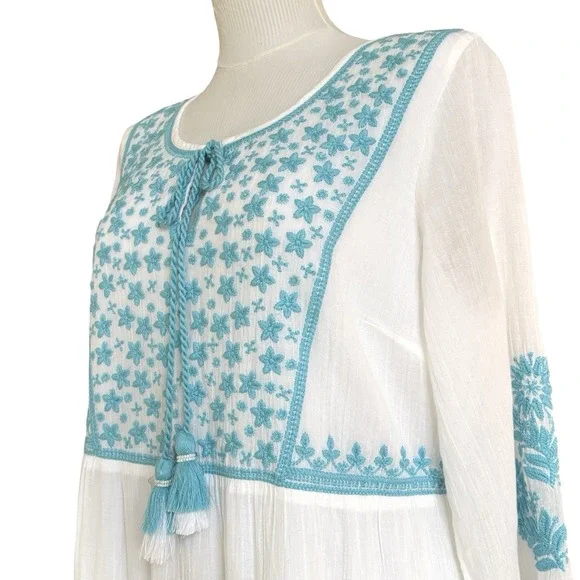 Soft Surroundings Gauzey Juniper Dress Blue White Embroidered Sz Medium Cotton - Picture 4 of 16
